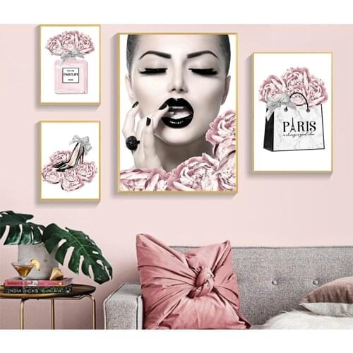 Flower Trendy Picture Beauty Room Decoration Fashion Wall Art Painting Eiffel Tower Underwear Heels Canvas Poster Print Pink