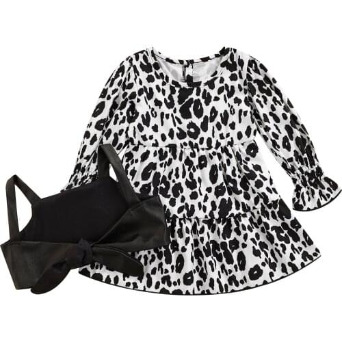 0-4Y Infant Baby Girl Kids Clothes Sets Autumn Long Sleeve Leopard Ruffles Dress A-Line with PU Leather Vest Girls Outfits