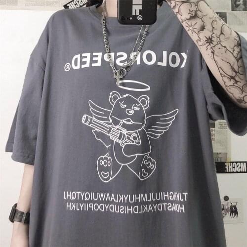 Harajuku Style BF Simple Cartoon Bear Angel Print T-Shirt Female Summer Y2k Korean Loose Short-Sleeved Beautiful Woman T-Shirt
