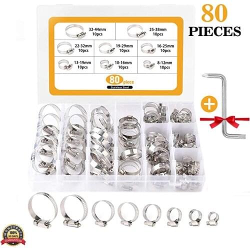 Hose Clamps 304 Stainless Steel Adjustable 8-44mm Range Worm Gear Hose Clamp 80Pcs Fuel Line Clamp for Plumbing Automotive