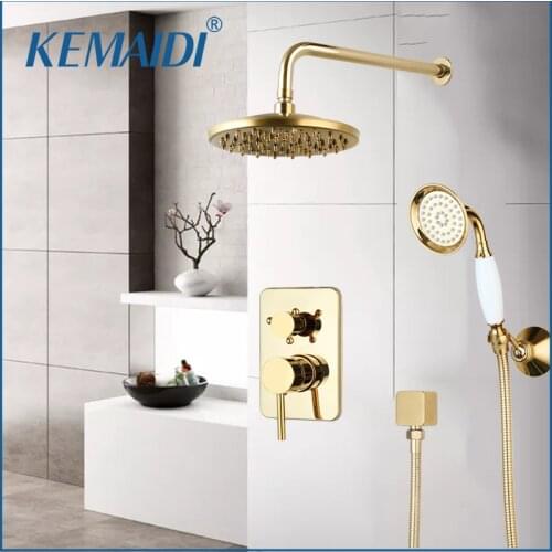 KEMAIDI Golden Plated Shower Faucet Set Solid Brass Wall Mounted Rainfall Shower Mixer Tap 8 Inch Round Style Shower Faucet Set