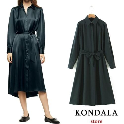 KONDALA Womens Dress Za Fashion 2021 Vintage Bow Sashes Mid-Calf Dress Long Sleeve Elegant Mujer Vestidos