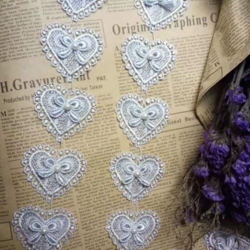 1 Yard Light Blue Heart Bowknot Pearl Embroidered Lace Trim Ribbon Fabric Sewing Craft Patchwork Handmade For Costume Decoration