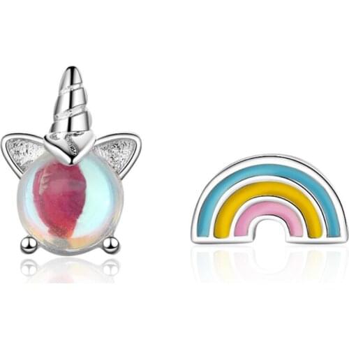 Sweet Zircon Unicorn Rainbow Asymmetric Stud Earrings For Women Trend Creative 925 Sterling Silver Party Gift Jewelry SAE382