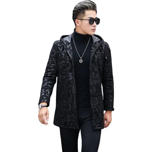 New Autumn Mens Hooded Jacket 2021 Fashion Sheepskin Leather Long Coat Casual Slim Hooded Clothing Plus Size Outerwear