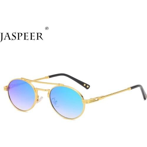 JASPEER Steampunk Mens Oval Sunglasses Vintage Punk Mirror Sun Glasses for Men UV400 Colorful Shades Retro Small Metal Frame