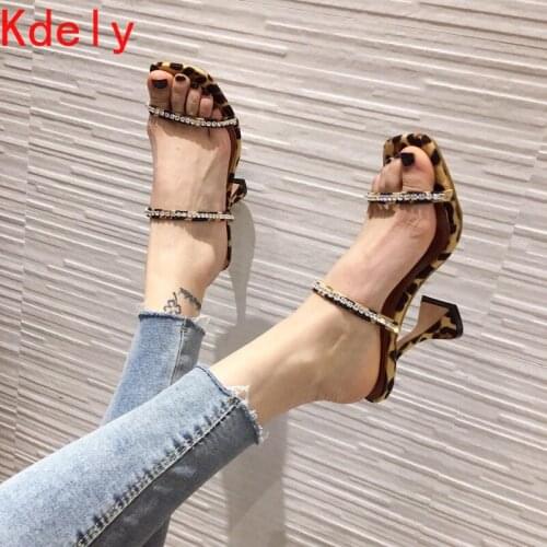 2021 New Fashion Women Rhinestone Slippers Sandals Strange Cup Heels Sexy Leopard Print Square Toe Ladies Dress Shoes