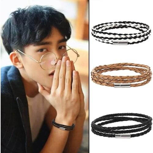 Korean version Genuine Braided Leather Bracelet Titanium Magnetic Clasp Stainless Steel Bracelet Bangle Jewelry For Women Men