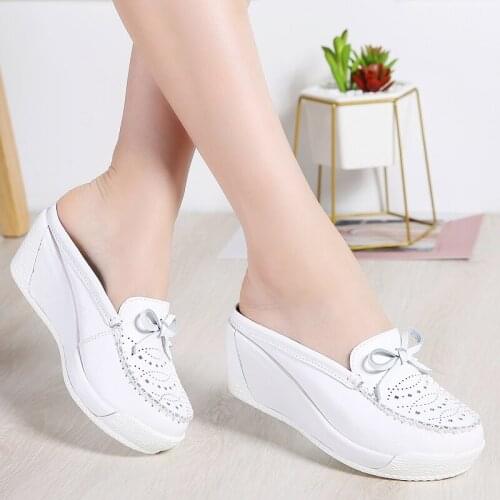 XJRHXJR Womens Genuine Leather Wedge Sandals Slippers Thick Bottom Height Increase Platform Slippers White Summer Shoes Loafers