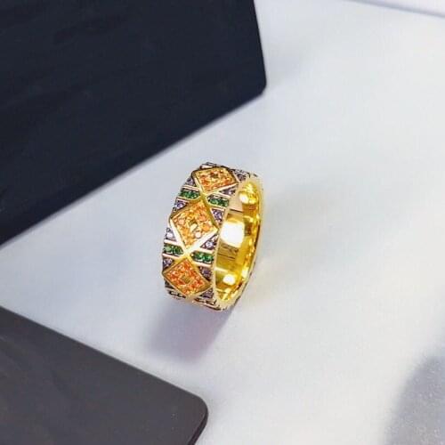 SOELLE Fashion Real 925 Sterling Silver Gold Color Multicolor Rhombus Pattern Tribal Wide Finger Ring Mana Series for Women