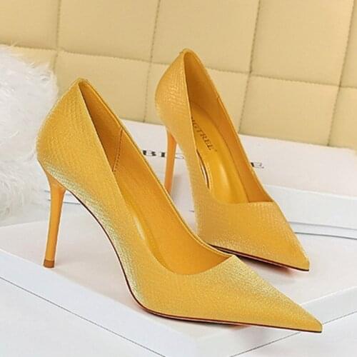 High-quality Fashion Wedding Solid Thin 9.5cm High Heels Lady Shallow Pointed Toe Silk Club Party Female Pumps Dress Women Shoes