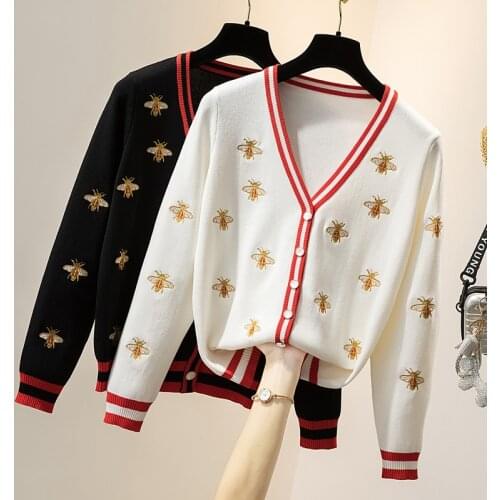 High Quality Fashion Designer Bee Embroidery Cardigan Long Sleeve Single Breasted Contrast Color Casual V-neck Knitted Sweaters