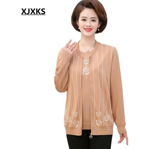 XJXKS Women Sets Short Sleeve Top + Knit Sweater Plus Size Spring Autumn New Knitted Korean Elegant Sweater Suit