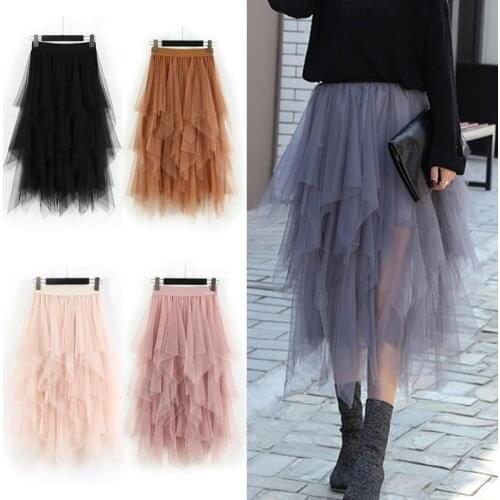 2020 Asymmetrical High Waist Ruffles Mesh Tutu Tulle Long Midi Skirt For Women Black White Pink
