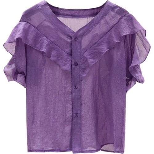 Women Spring Summer Style Chiffon Blouses Shirts Lady Casual Short Ruffles Sleeve V-Neck Chiffon Blusas Tops ZZ0608
