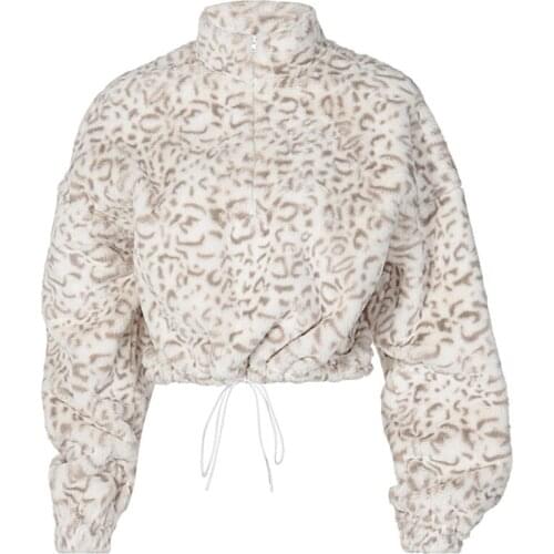 Women Winter Long Sleeve Turtleneck Sweatshirt Fuzzy Plush Leopard Print Pullover Tops Harajuku Half Zip Up Drawstring Hem Loose