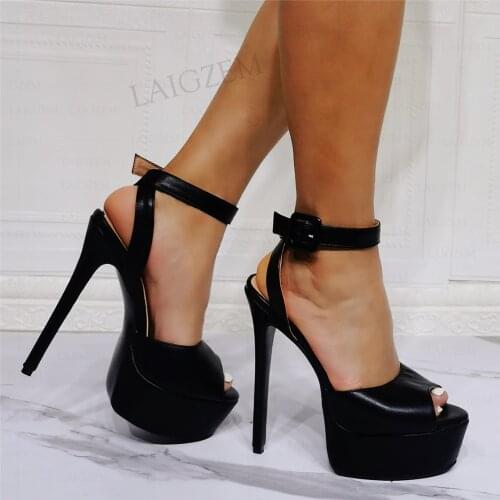 BERZIMER Women Platform Sandals Peep Toe Stiletto High Heels Pumps Black Faux Leather Female Shoes Woman Big Size 44 45 50 52