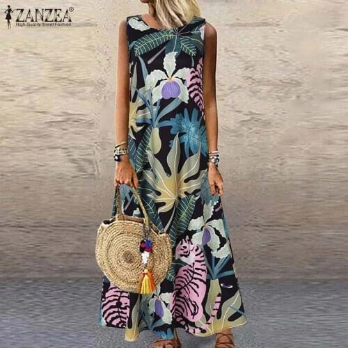 Oversized Womens Summer Sundress ZANZEA 2021 Fashion Print Maxi Dress Casual Sleeveless Holiday Vestidos Female Floral Robe