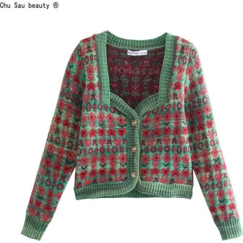 Autumn Winter Single-Breasted Long-Sleeve Sweater French Vintage Square Collar Jacquard Knitted Cardigan Jacket Women Fashion