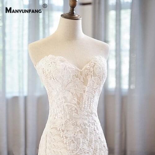 Elegant Strapless Embroidery Appliques Tulle Mermaid Wedding Dress 2021 New Arrival Chapel Train Sleeveless Lace Up Bridal Gown