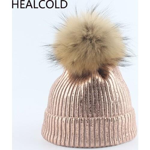 Winter Hat For Women Natural Fur Pompom Knitted Beanies Mother Kids Warm Hats Blingbing 2019