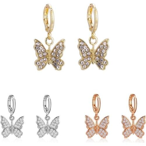 1Pair Korea Shiny Crystal Butterfly Small Hoop Earrings For Women Cute Fashion Rhinestone Animals Wing Round Ear Stud Jewelry