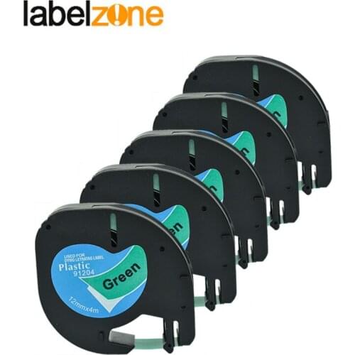 5Pcs LT91204 Compatible Dymo Letratag Plastic Tapes 91204 Label Ribbon 12mm*4m Balck on Green 91334 91224 59425 for LT printers