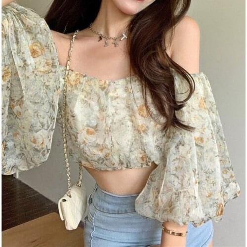 Sexy Floral Blouse Tops Women French Vintage Designer Sweet Slim Strap Blouse Casual Puff Sleeve Outdoor Blouse 2021 Summer