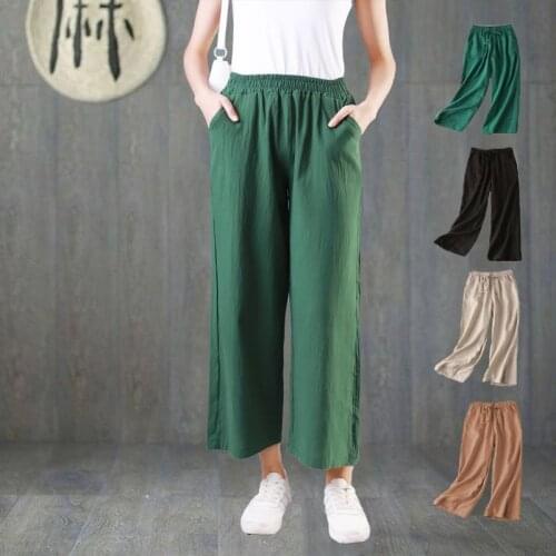 Wide-leg pants womens summer imitation cotton and linen nine points 2021 new loose large size straight casual pants black tide