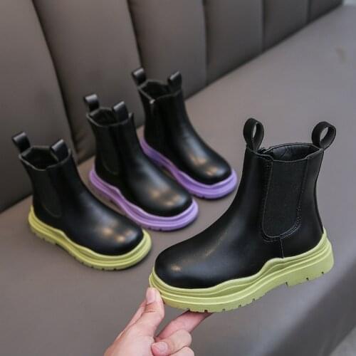Children Fashion Chelsea Boots High Top Winter Autumn Baby Leather Shoes Plush Kids Waterproof Boots Green Purple