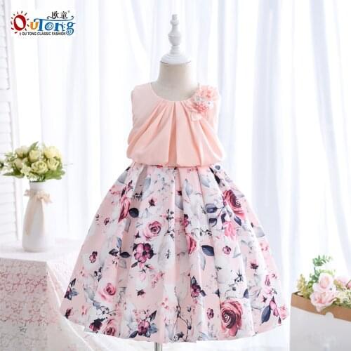 Outong Casual Dresses Kids Girl Appliques Pleat Sleeveless Print Long Dress Girl Kids Summer Clothing Fit to 5 to 9 Years Girl