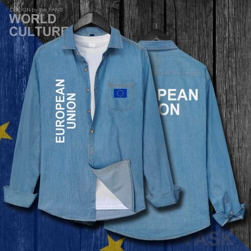 European Union United in Diversity EU EUR Men clothes Autumn Cotton Turn-down Collar Jeans Shirt Long Sleeve Tops Cowboy Coat
