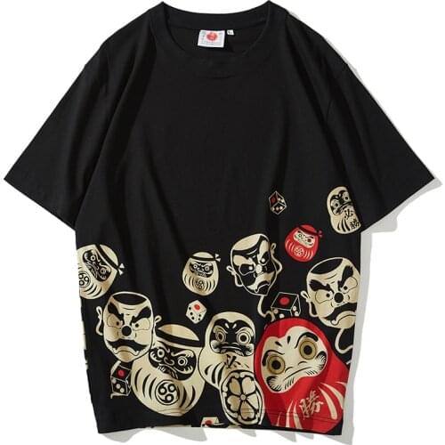 Japanese Daruma Print T-shirt Mens Tattoo T Shirt Unisex Couples Summer Short Sleeve Hip Hop Cotton Tops Tee Shirt