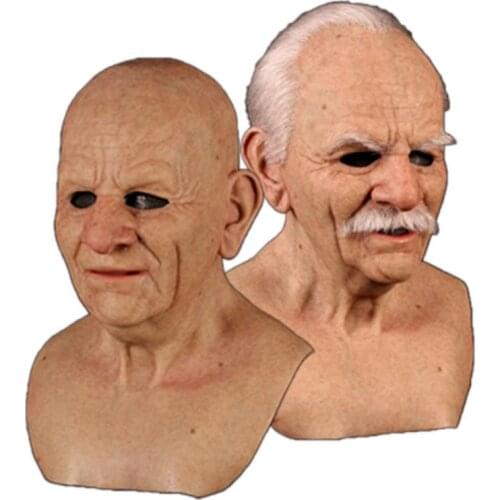 Baldness Old Man Cosplay Headgear Head Mask with Neck White Hair Moustache Old People Halloween Cosplay Aceesory Latex Full Mask