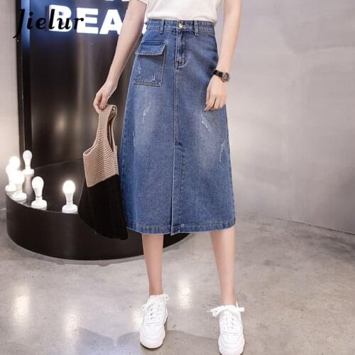 Jielur 2021 Casual Denim Skirts Female High Street Plus Size Skirt Jeans Women Loose Blue A Line Fashion Kpop Summer Saia Jeans