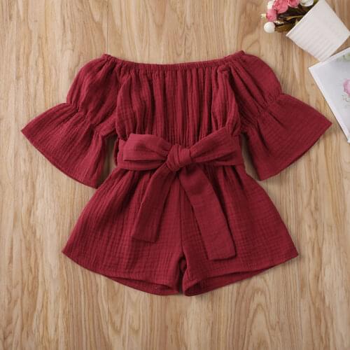 Pudcoco Toddler Baby Girl Clothes Summer Solid Color Off Shoulder Short Sleeve Romper Jumpsuit Outfit Sunsuit Clothes