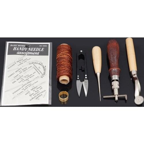 Leather Craft Sewing Kit DIY Hand Stitching Tools with Awl Edge Creaser for Sewing Leather, Canvas Careful of Sharp Edges