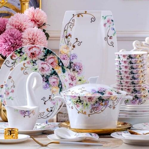 60 Heads Dish set home simple European jingdezhen ceramics Chinese bowl plate combination dishes and plates sets