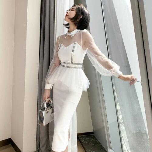 2021 New Womens Sexy Mesh Stitching Bag Arm Slim Temperament Small Dress High Waist Lantern Sleeves