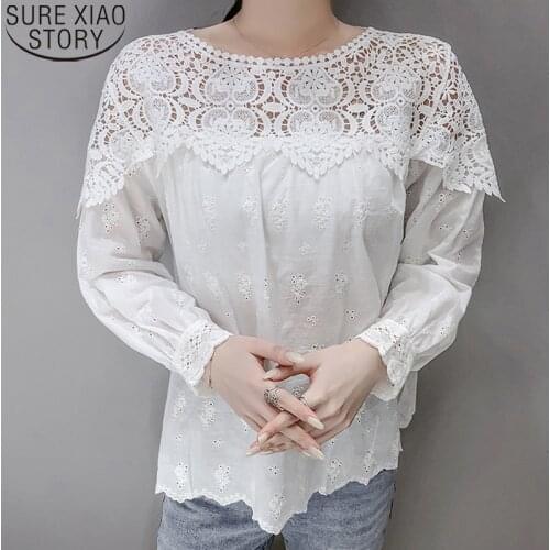 2021 New Spring White Blouse Cotton Fashion Women Lace Blouse Hollow Out Lace Tops Vintage Clothes Casual O-Neck Blusas 13293