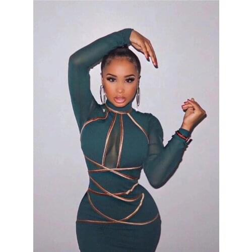 New Arrival Green Black Red Long Sleeves Mesh Hollow Out Spring Bandage Dress Fashion Bodycon Celebrity Bandagem Vestios