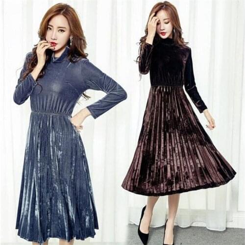 Autumn A-line Dress Turtleneck Collar Women Elegant Full Sleeves Party Dresses Female Pleated Vintage Dresses Vestido 2020