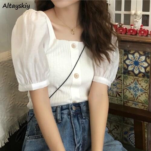 Shirts Women Square Collar Button Short Sleeve Korean Style Retro Fashion Chic Streetwear Womens Daily All-match Elegant Vintage