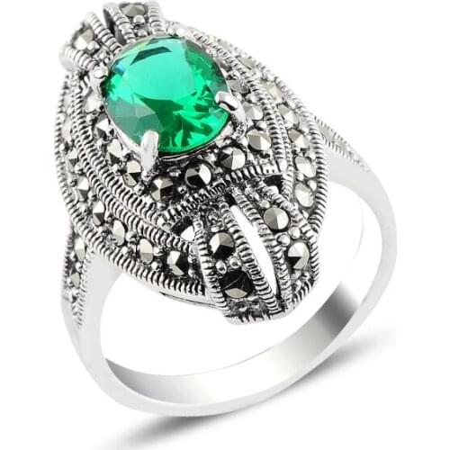 Silver 925 Sterling Emerald Zircon & Marcasite Ring