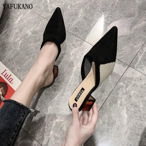 Knit Mesh Breathable High Heels Mules Slippers Pointed Toe Square Heel Summer Women Slides Fashion Mixed Colors Half Slippers