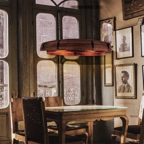 Industrial retro charcoal brown solid wood wine barrel iron chain chandelier E27/E26 restaurant loft cafe tavern entrance