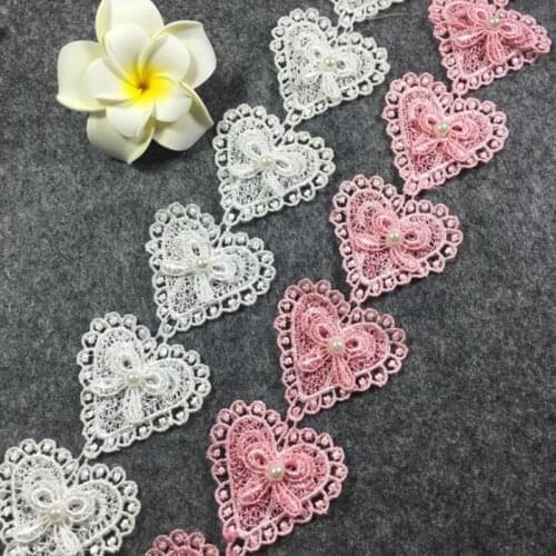 Pearl Love Heart Bow Embroidered Lace Edge Trim Ribbon Applique Fabric Handmade DIY Wedding Dress Sewing Craft