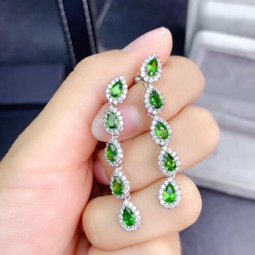 Luxurious strand tassels S925 silver natural green diopside drop earrings natural gemstone earrings women party gift jewelry