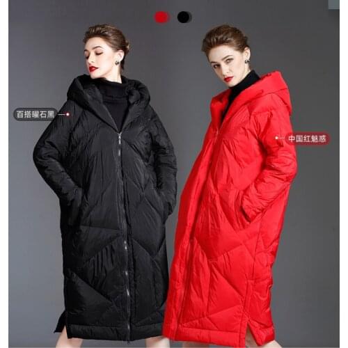 Female red Hooded down jacket women 2020 winter new style loose mid-length long-sleeved coat plus size thick down jackets black