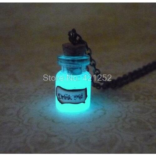 12pcs/lot Alice in Wonderland inspired Pendant Glow In The Dark Drink Me Necklace Glowing Jewelry